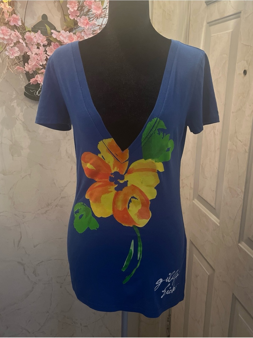 Gilly Hicks Royal Blue Short Sleeve V-Neck Tee with Yellow Orange Floral